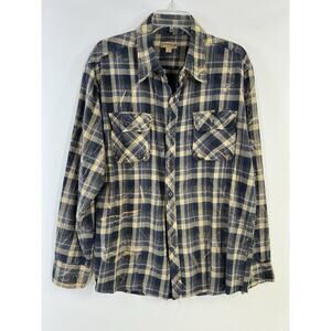 VTG Natural Blue Flannel Blue Plaid Distressed Men Size XL Outdoor Workwear